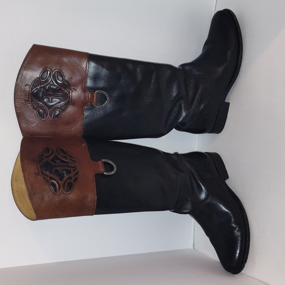 Frye Melissa Logo Monogrammed tall Black Brown Leather Knee High Boots size 7 B - Picture 1 of 16